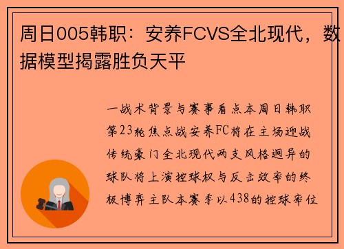 周日005韩职:安养FCVS全北现代,数据模型揭露胜负天平