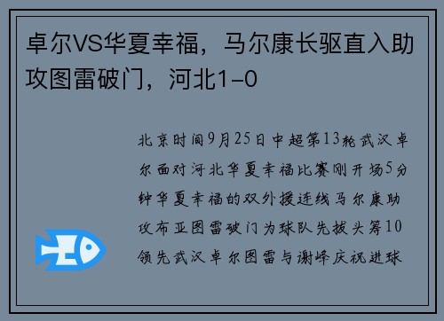 卓尔VS华夏幸福，马尔康长驱直入助攻图雷破门，河北1-0